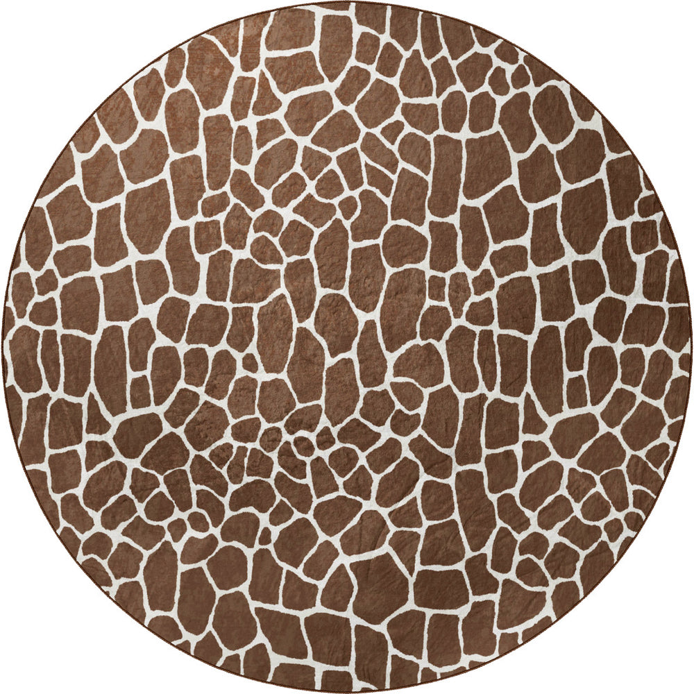 8' Brown and Ivory Round Animal Print Handmade Non Skid Area Rug - Homeroots