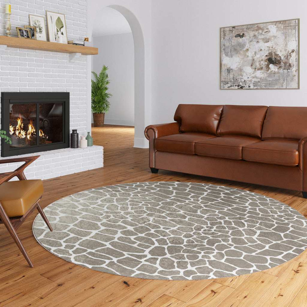 8' X 8' Beige Round Giraffe Print Shag Handmade Non Skid Area Rug - Homeroots - Flyclothing LLC