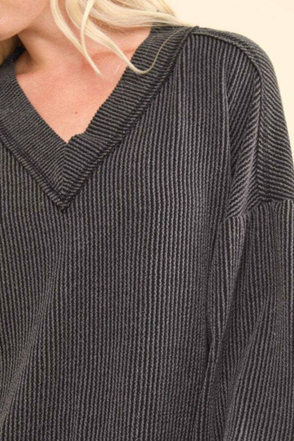 VERY J Two Tone Ribbed V-Neck Exposed Seam Top - Trendsi - Flyclothing LLC