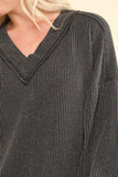 VERY J Two Tone Ribbed V-Neck Exposed Seam Top - Trendsi