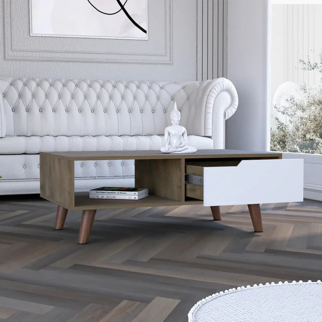 40" Natural And Dark Brown And White Wood Rectangular Coffee Table With Shelf - Homeroots - Flyclothing LLC