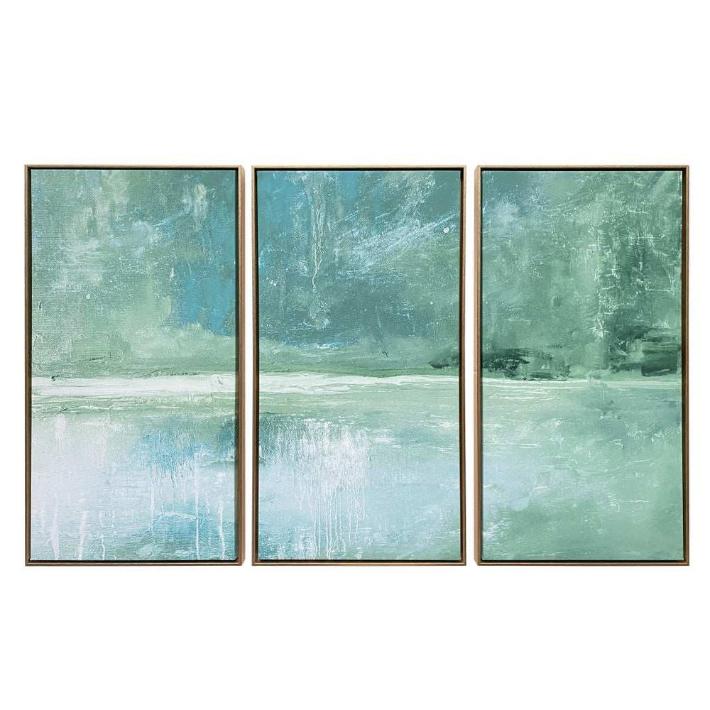Set Of Three Blue Green Abstract Water with Gold Floater Frame Painting Wall Art - Homeroots - Flyclothing LLC