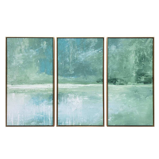 Set Of Three Blue Green Abstract Water with Gold Floater Frame Painting Wall Art - Homeroots - Flyclothing LLC