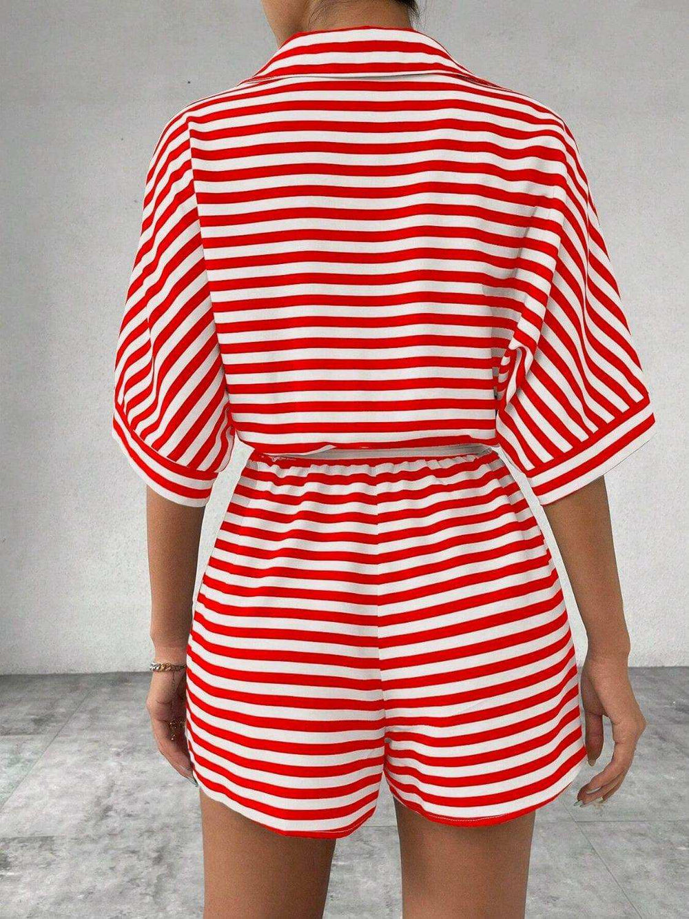 Tie Waist Half Button Striped Romper - Trendsi - Flyclothing LLC