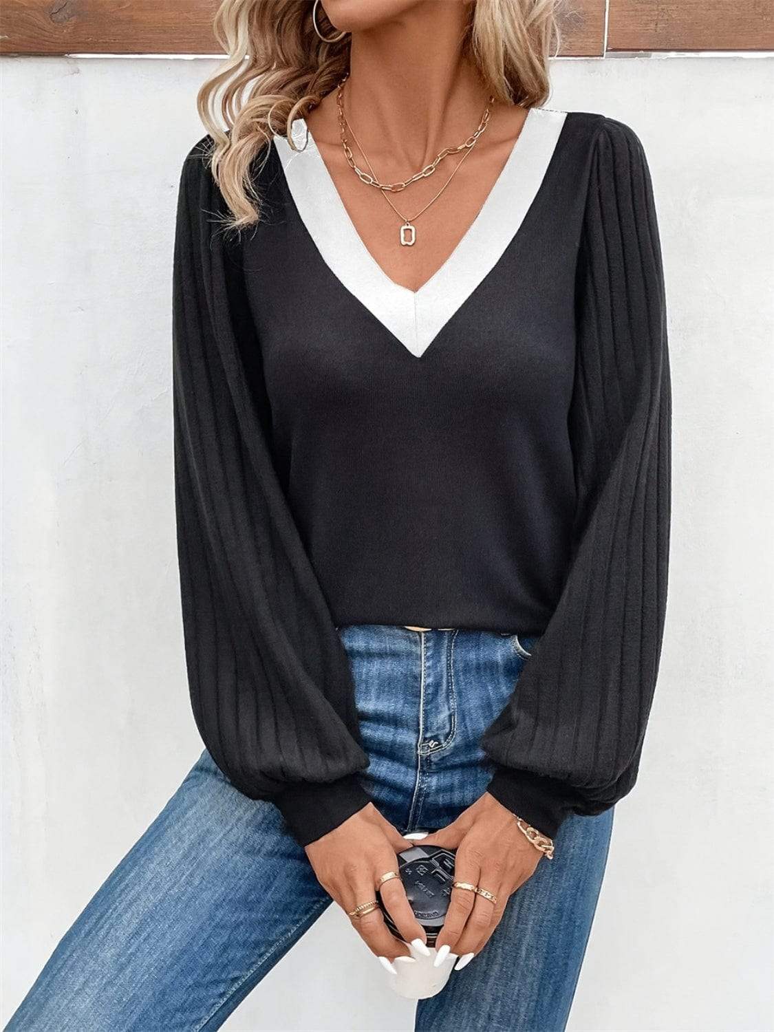 Contrast V-Neck Long Sleeve T-Shirt - Trendsi - Flyclothing LLC