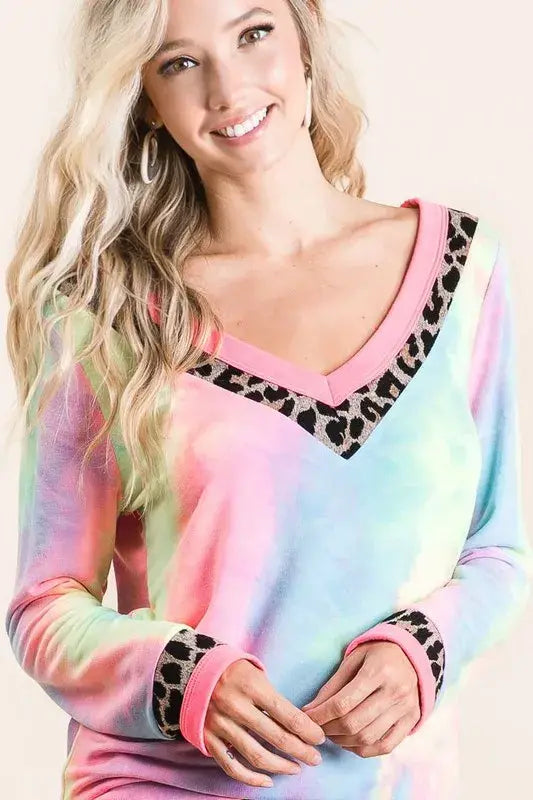 BiBi Tie Dye Terry V-Neck Top - Trendsi - Flyclothing LLC
