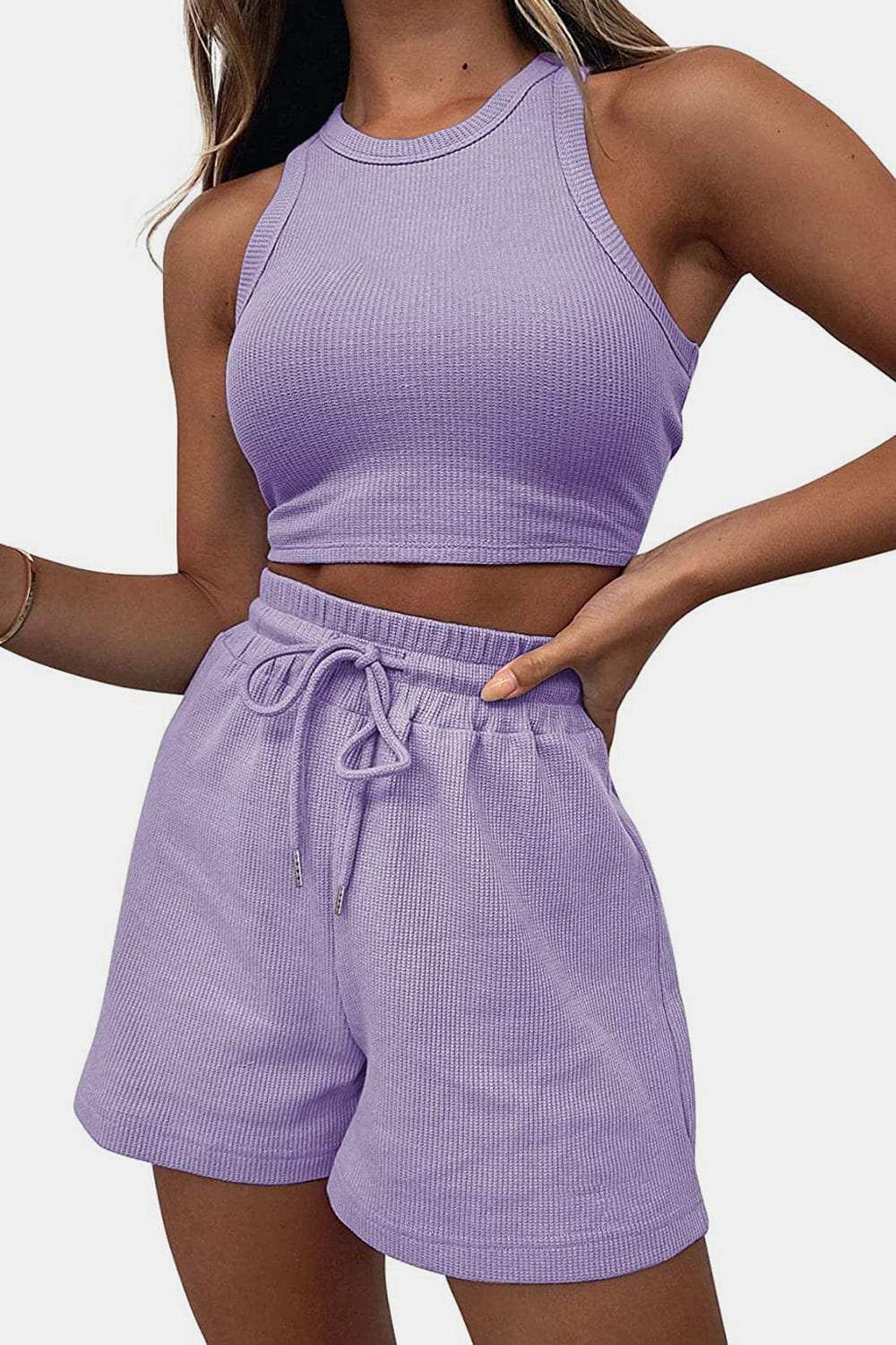 Round Neck Top and Drawstring Shorts Set - Trendsi - Flyclothing LLC