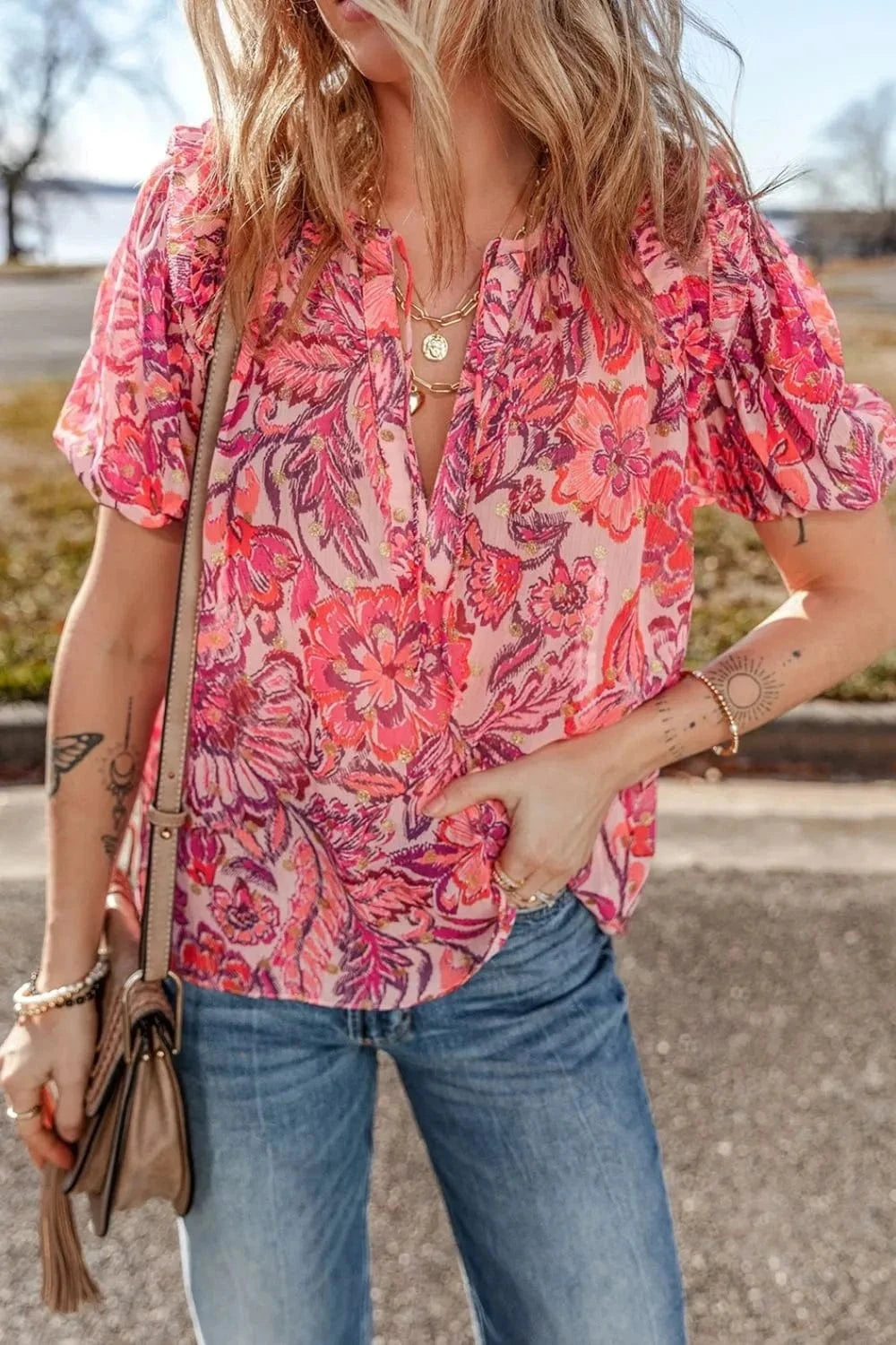 Floral Print Ruffled Puff Short Sleeve Blouse - Trendsi