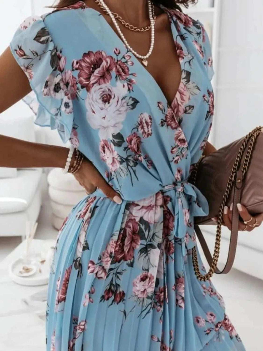 Floral Surplice Ruffled Cap Sleeve Dress - Trendsi - Flyclothing LLC