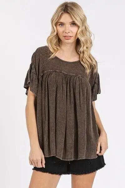 Mittoshop Mineral Washed Round Neck Ruffle Sleeve Blouse - Trendsi