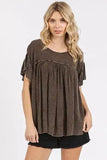 Mittoshop Mineral Washed Round Neck Ruffle Sleeve Blouse - Trendsi