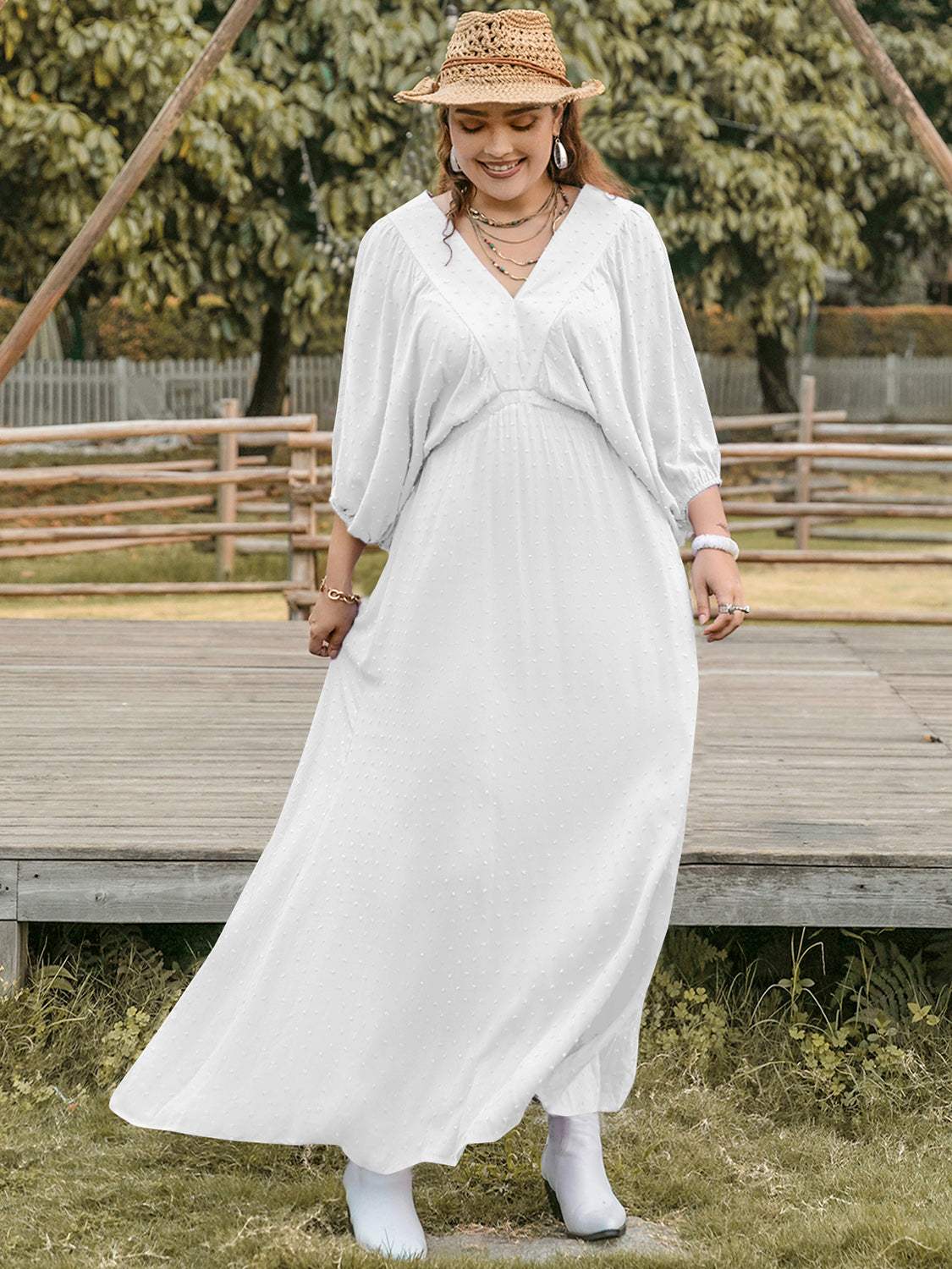 Plus Size Swiss Dot V-Neck Three-Quarter Sleeve Dress - Trendsi - Flyclothing LLC