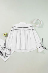Ribbon Bowtie Collared Neck Flounce Sleeve Shirt - Trendsi - Flyclothing LLC