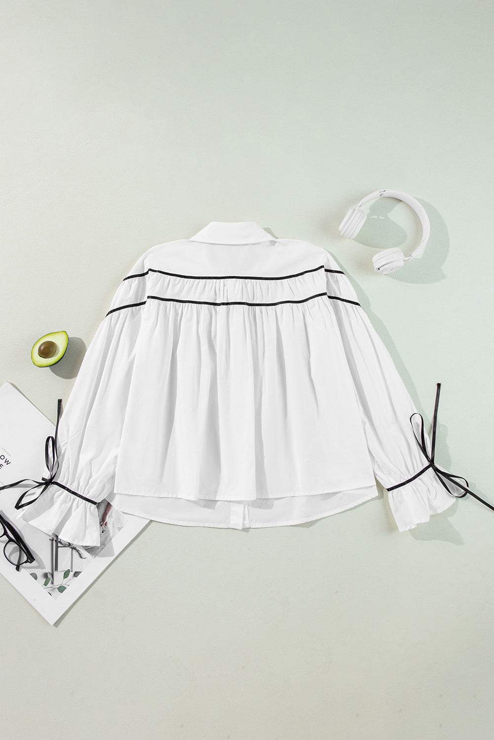 Ribbon Bowtie Collared Neck Flounce Sleeve Shirt - Trendsi - Flyclothing LLC