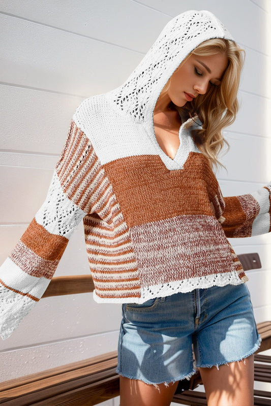 Double Take Full Size Openwork Contrast Long Sleeve Hooded Sweater - Trendsi