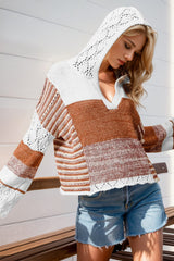 Double Take Full Size Openwork Contrast Long Sleeve Hooded Sweater - Trendsi