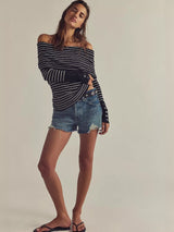 Striped Off-Shoulder Long Sleeve Knit Top - Trendsi - Flyclothing LLC
