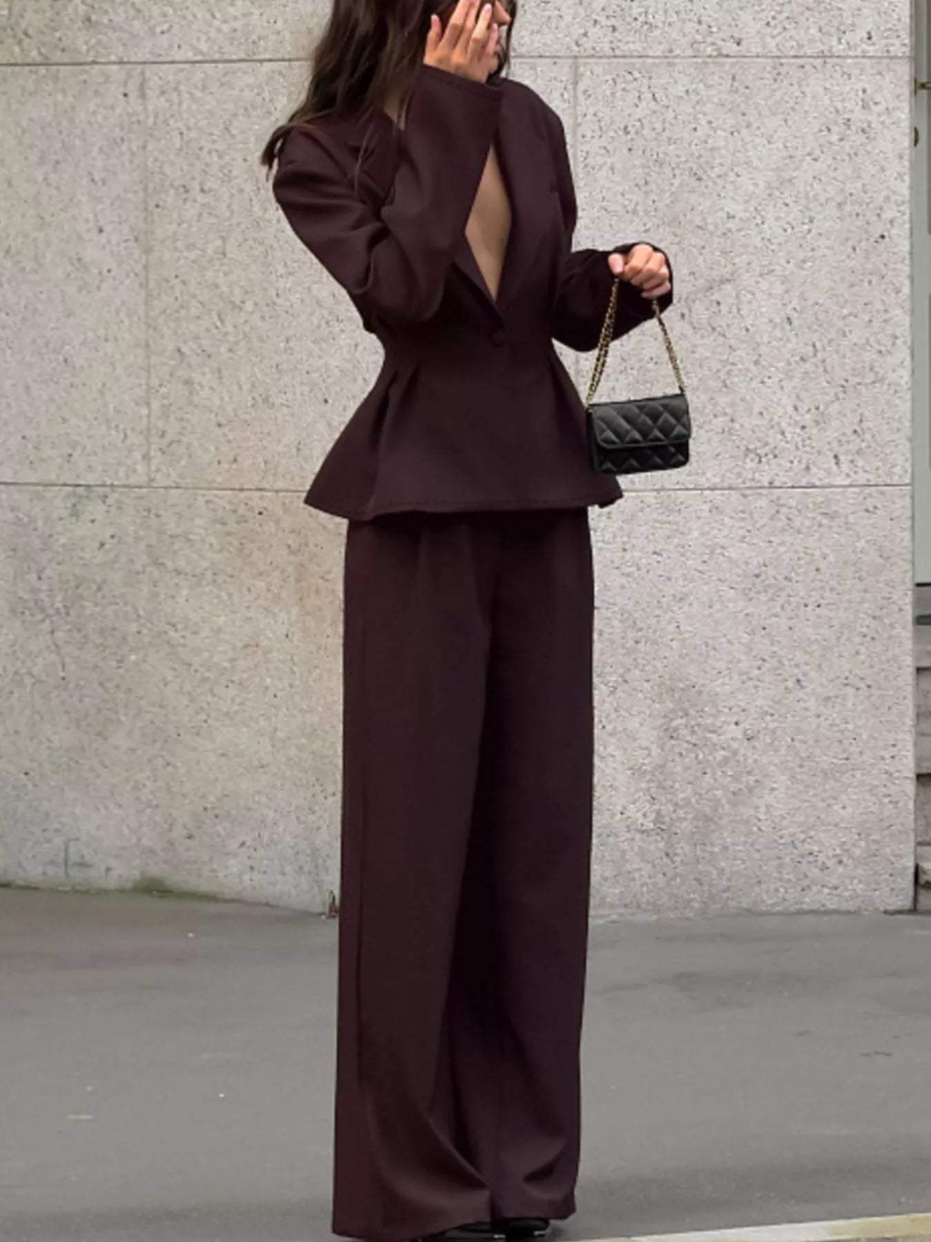 One-Button Blazer and Wide-Leg Pants Set - Trendsi - Flyclothing LLC
