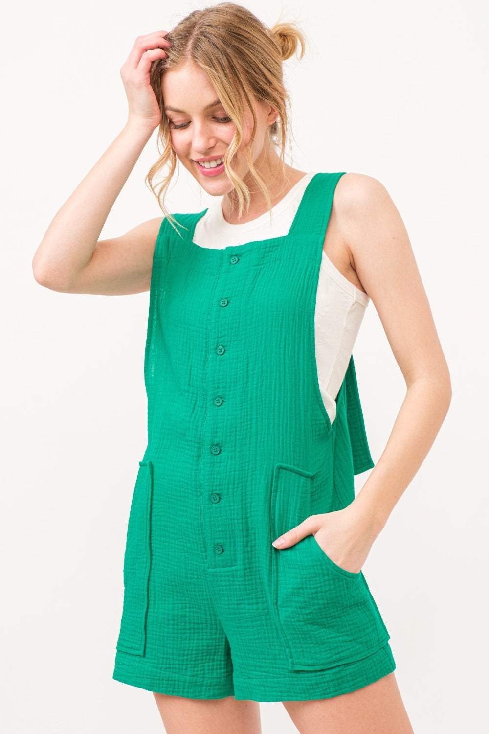 And The Why Button Up Tie Back Sleeveless Romper - Trendsi - Flyclothing LLC