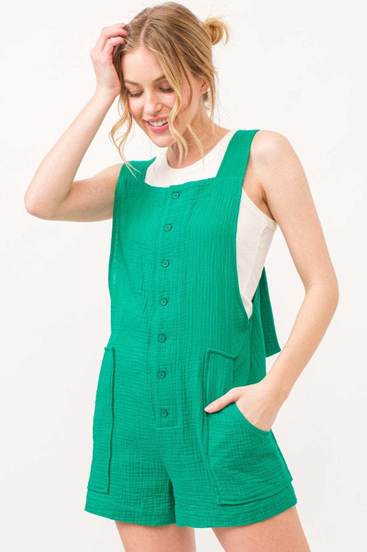 And The Why Button Up Tie Back Sleeveless Romper - Trendsi - Flyclothing LLC