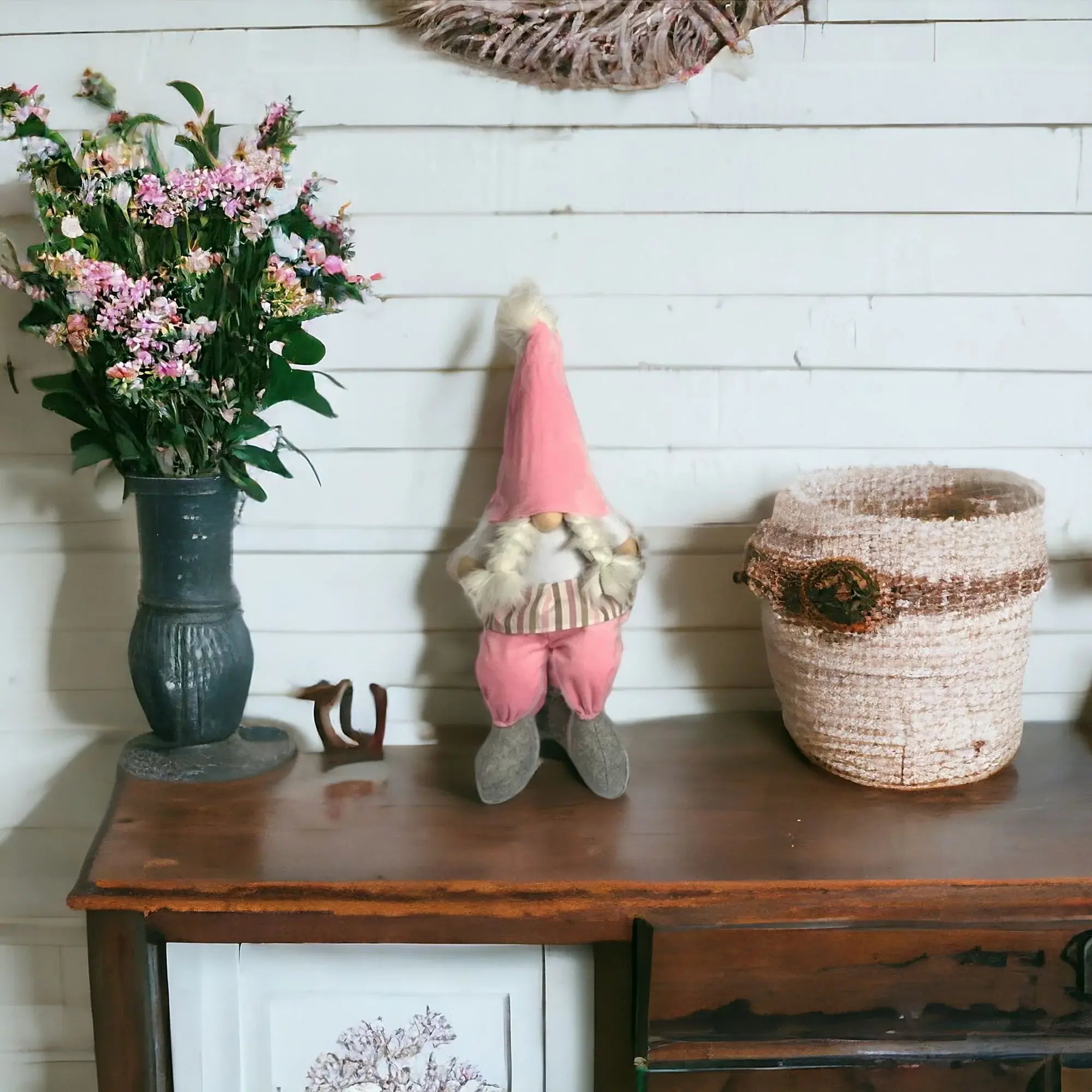30" Pink and White Fabric Sitting Gnome - Homeroots - Flyclothing LLC
