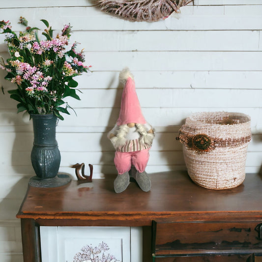 30" Pink and White Fabric Christmas Standing Gnome Tabletop Sculpture