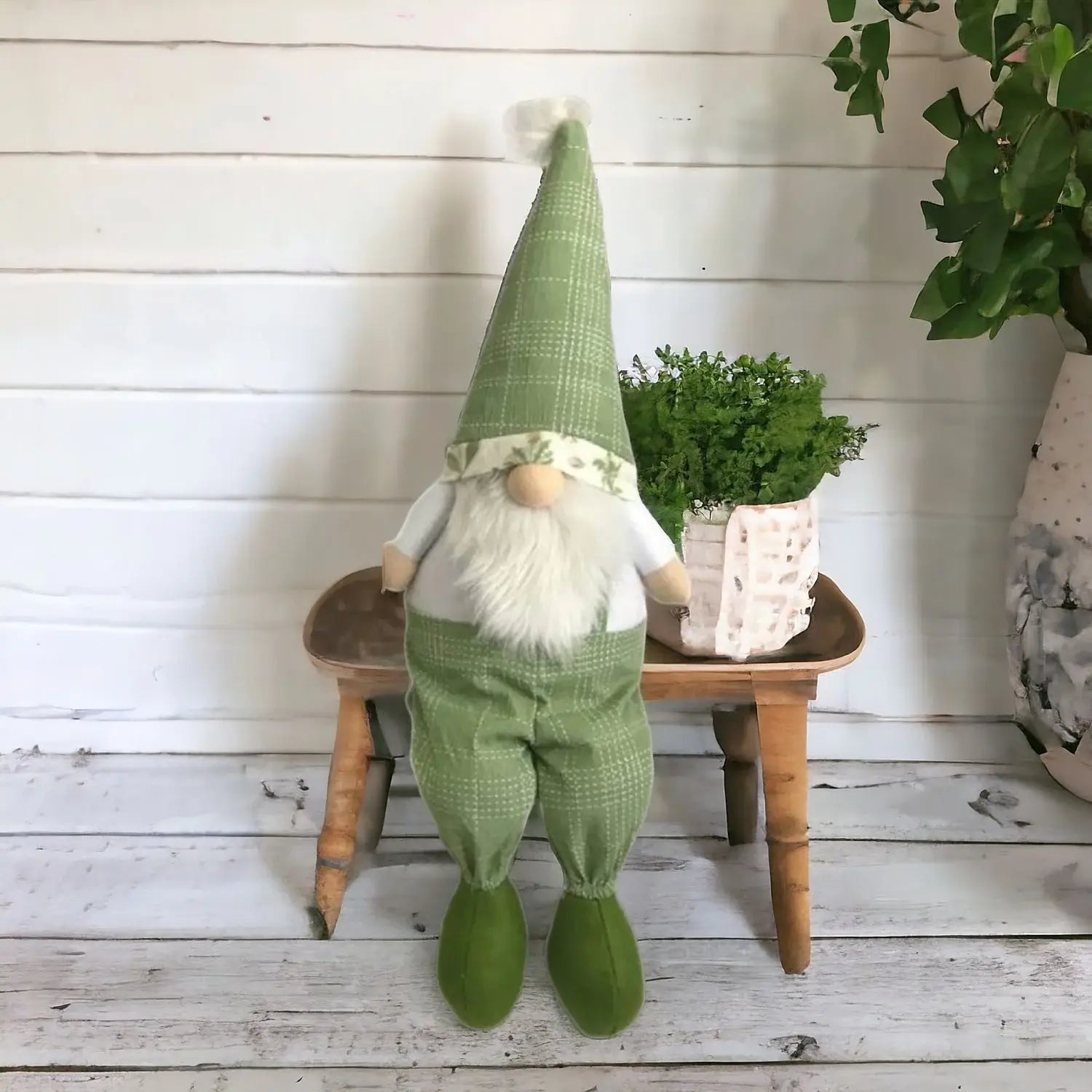 30" Green and White Fabric Sitting Gnome - Homeroots - Flyclothing LLC