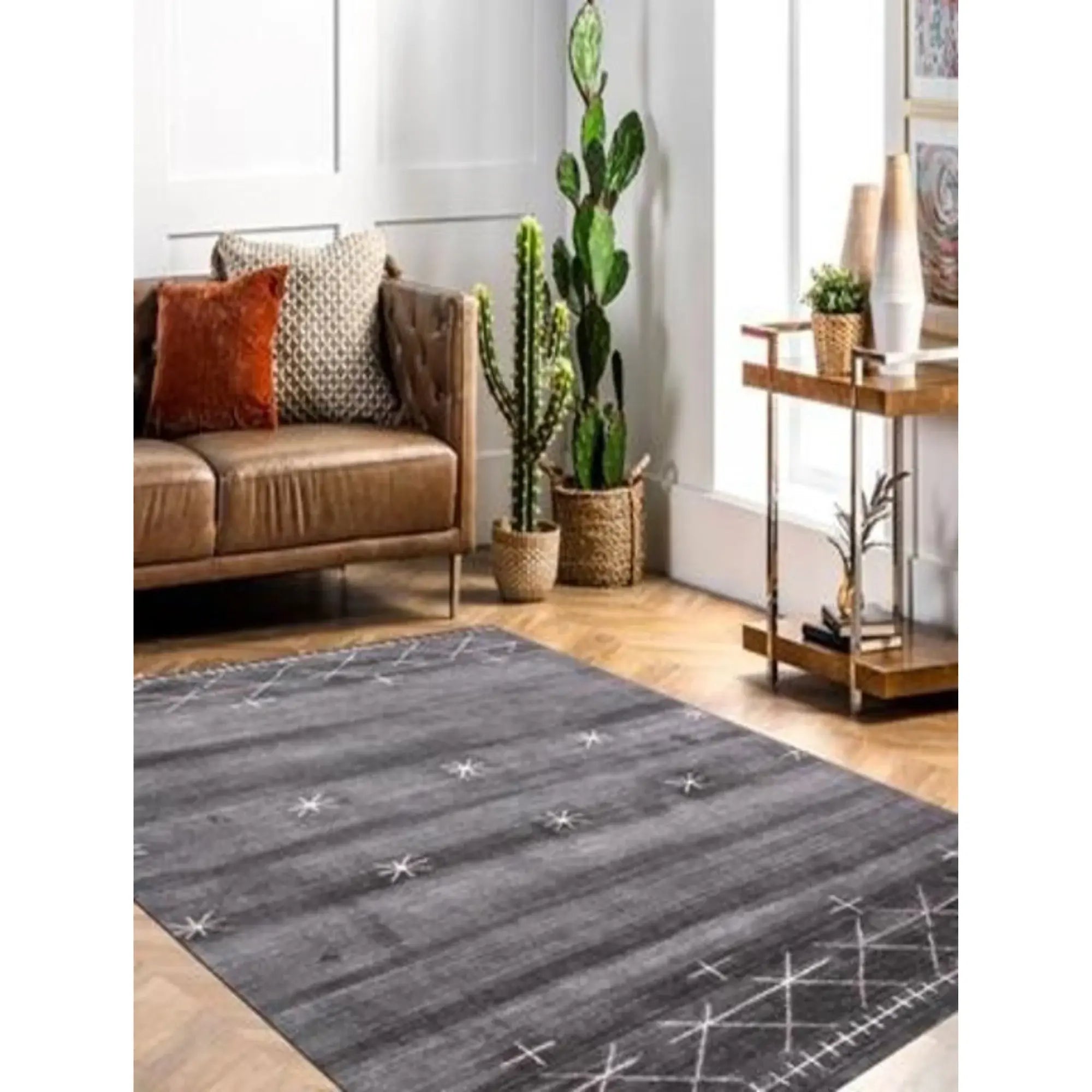 5' X 8' Black Gray and White Abstract Ombre with Stars Hand Loomed Area Rug - Homeroots - Flyclothing LLC