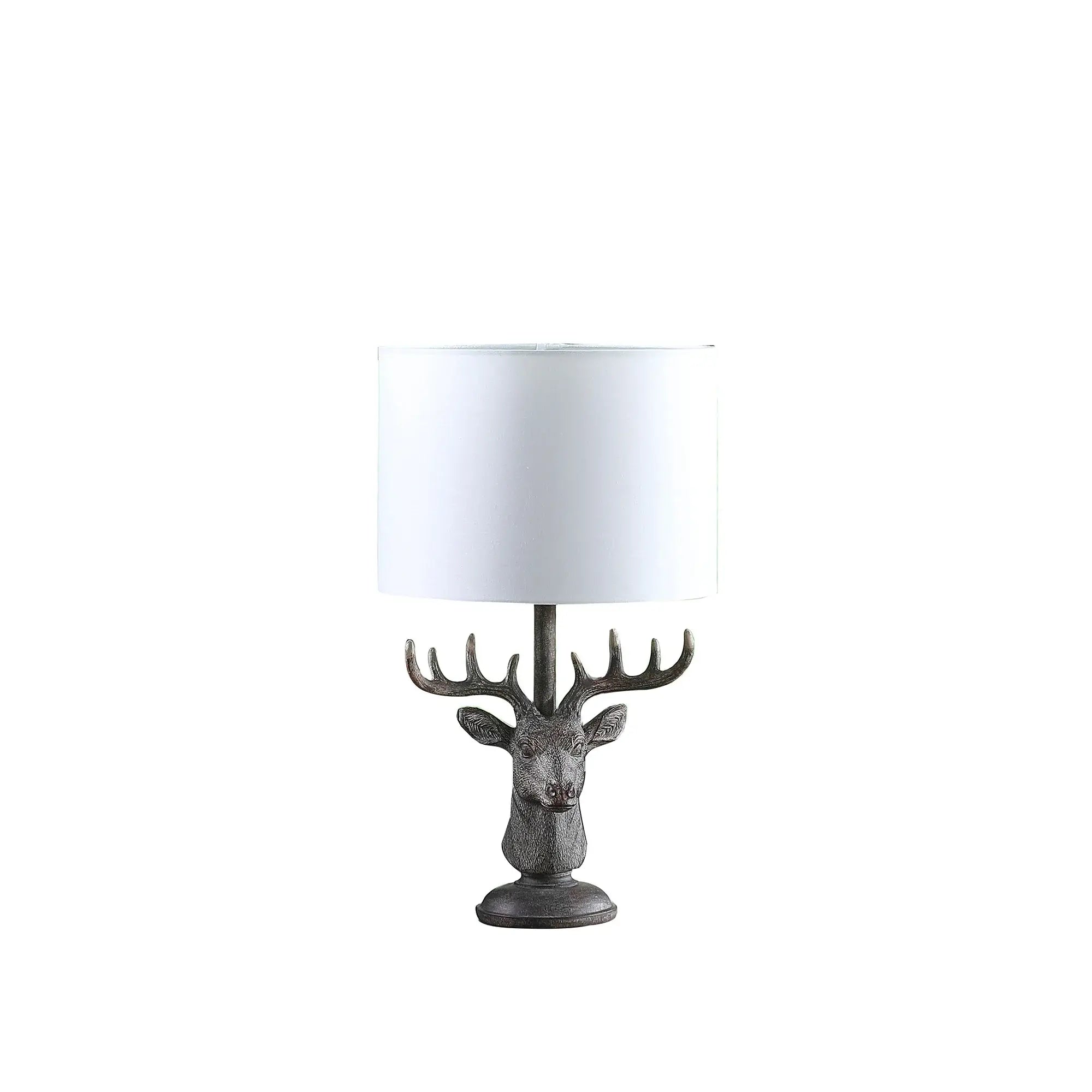 18" Antiqued Bronzed Stag Bust Table Lamp With White Drum Shade - Homeroots - Flyclothing LLC