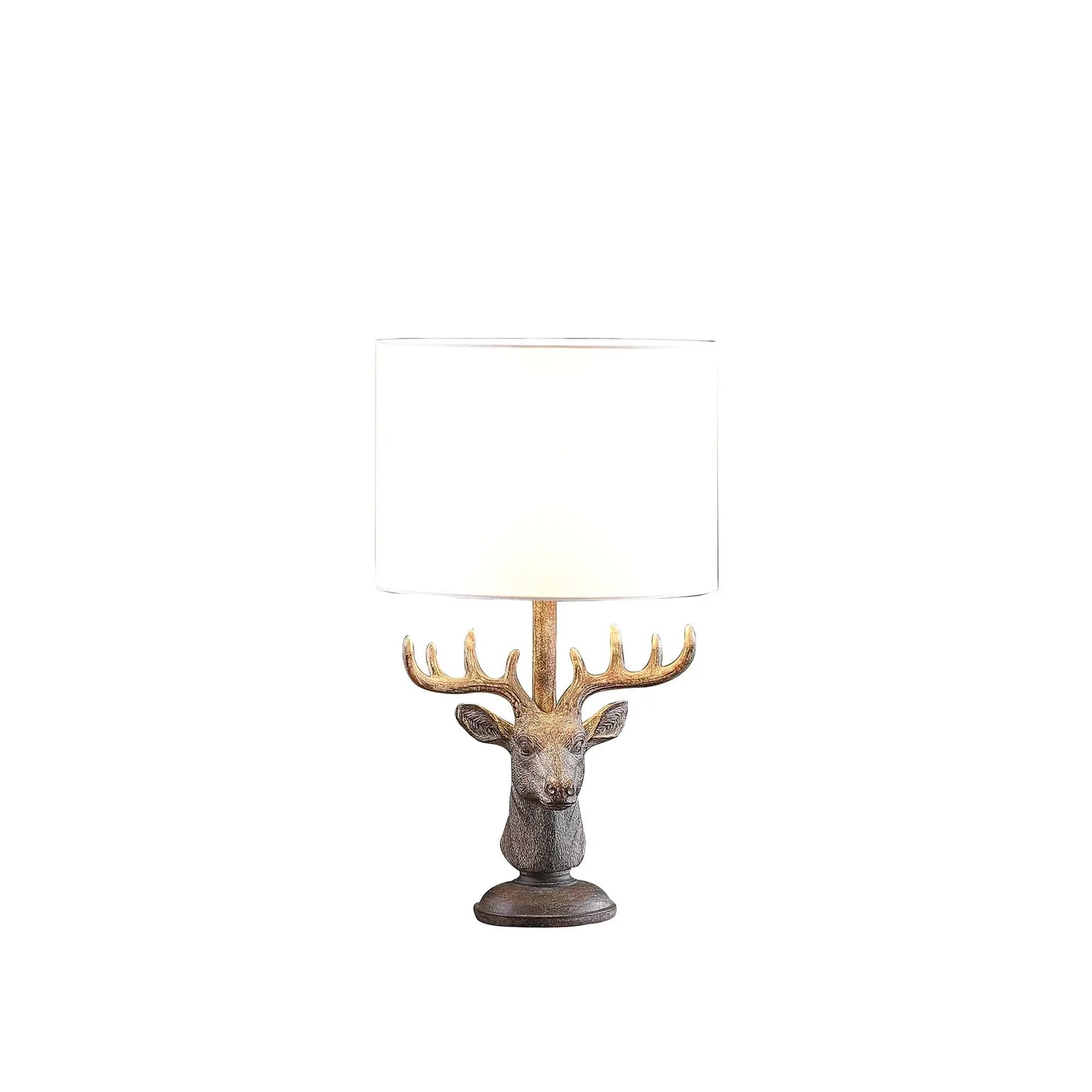 18" Antiqued Bronzed Stag Bust Table Lamp With White Drum Shade - Homeroots - Flyclothing LLC