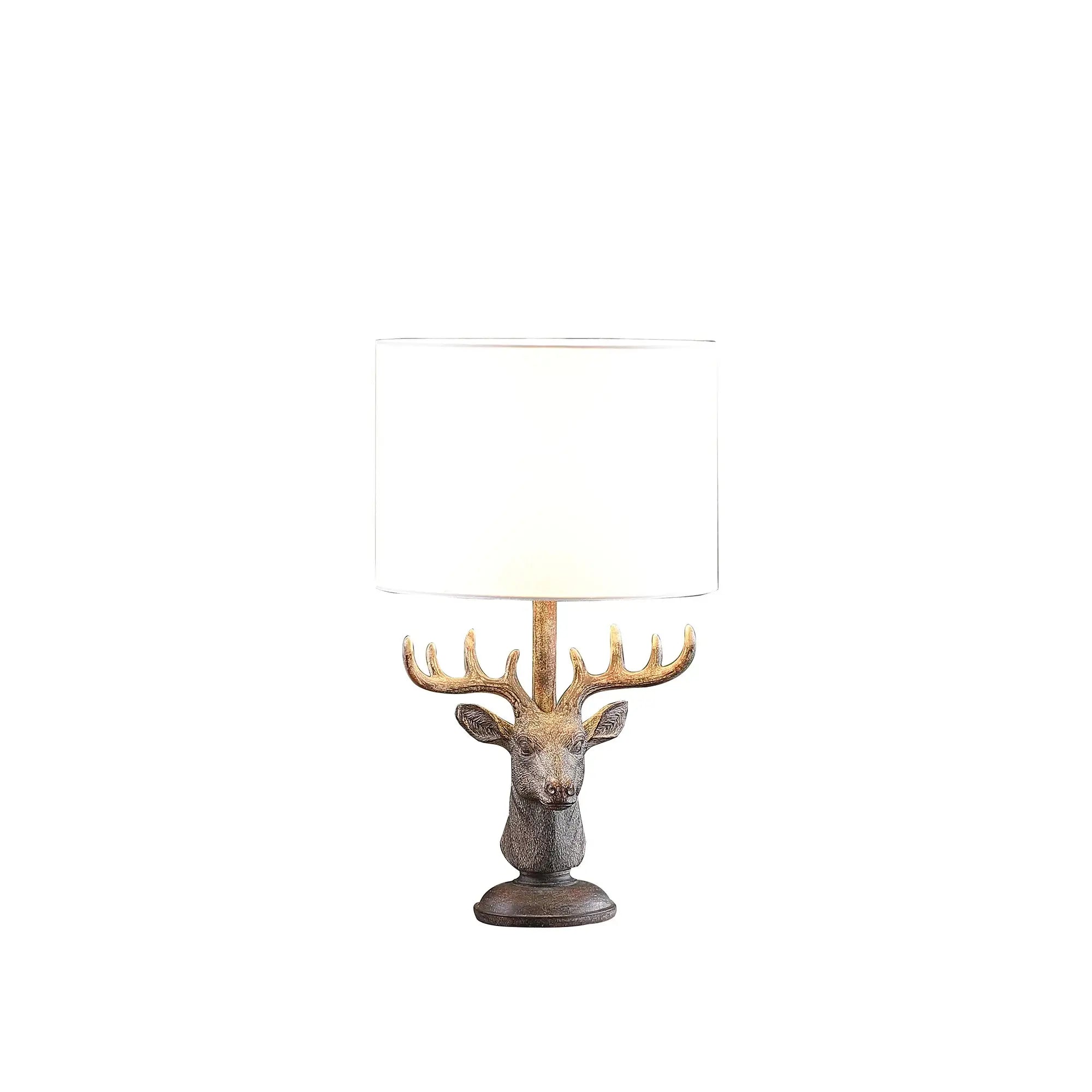 18" Antiqued Bronzed Stag Bust Table Lamp With White Drum Shade - Homeroots - Flyclothing LLC