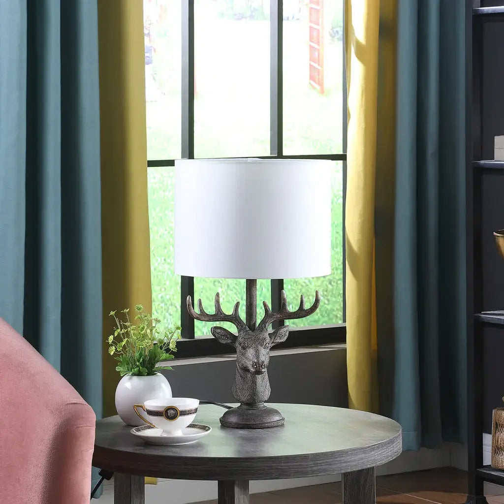 18" Antiqued Bronzed Stag Bust Table Lamp With White Drum Shade - Homeroots - Flyclothing LLC