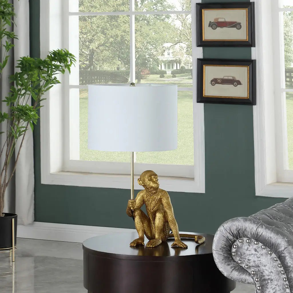 26" Antiqued Gold Sitting Monkey Table Lamp With White - Homeroots - Flyclothing LLC