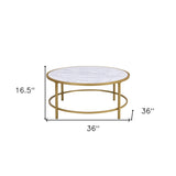 36" White And Gold Faux Marble And Metal Round Coffee Table - Homeroots - Flyclothing LLC
