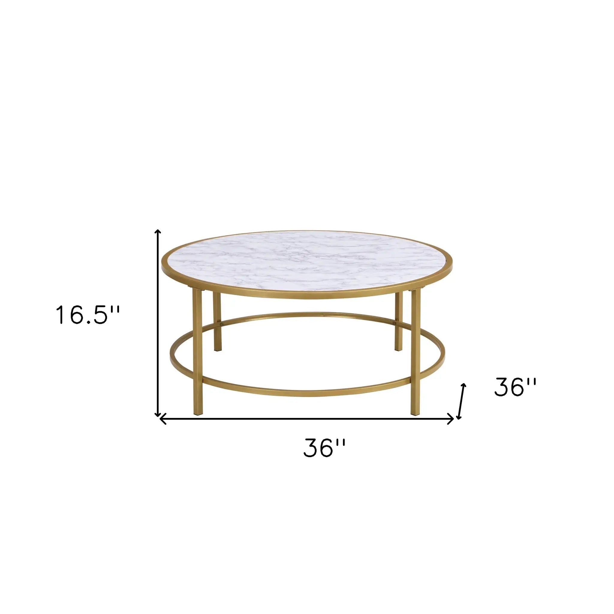 36" White And Gold Faux Marble And Metal Round Coffee Table - Homeroots - Flyclothing LLC