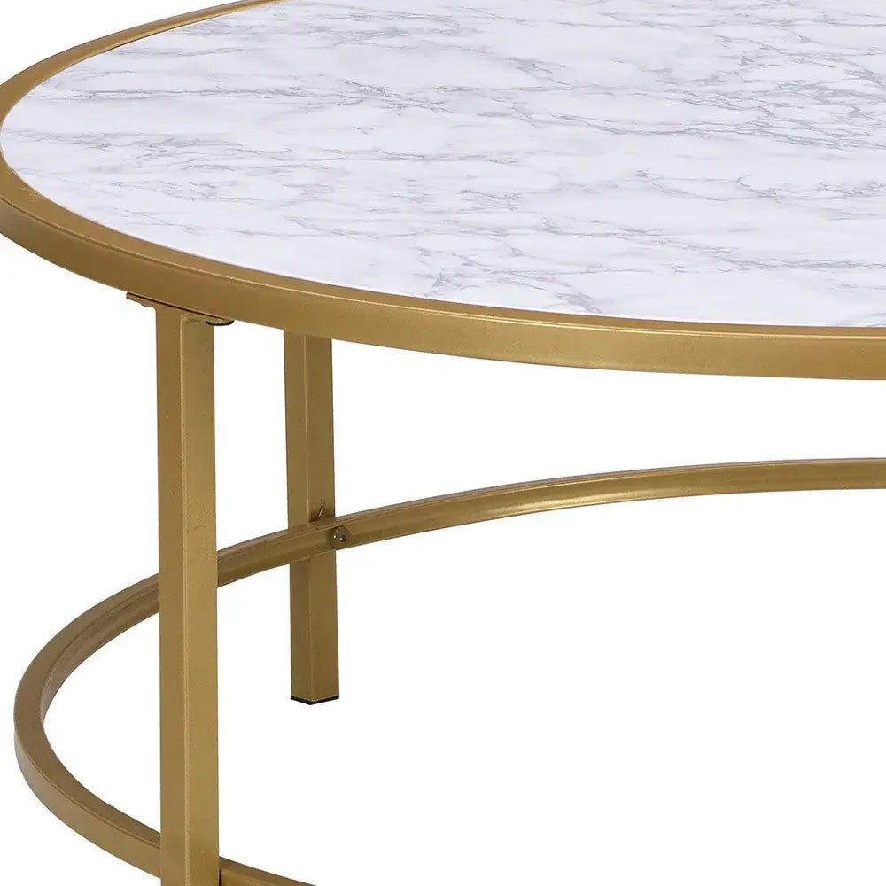 36" White And Gold Faux Marble And Metal Round Coffee Table - Homeroots - Flyclothing LLC