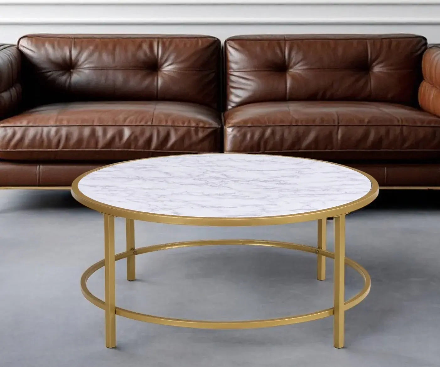 36" White And Gold Faux Marble And Metal Round Coffee Table - Homeroots - Flyclothing LLC