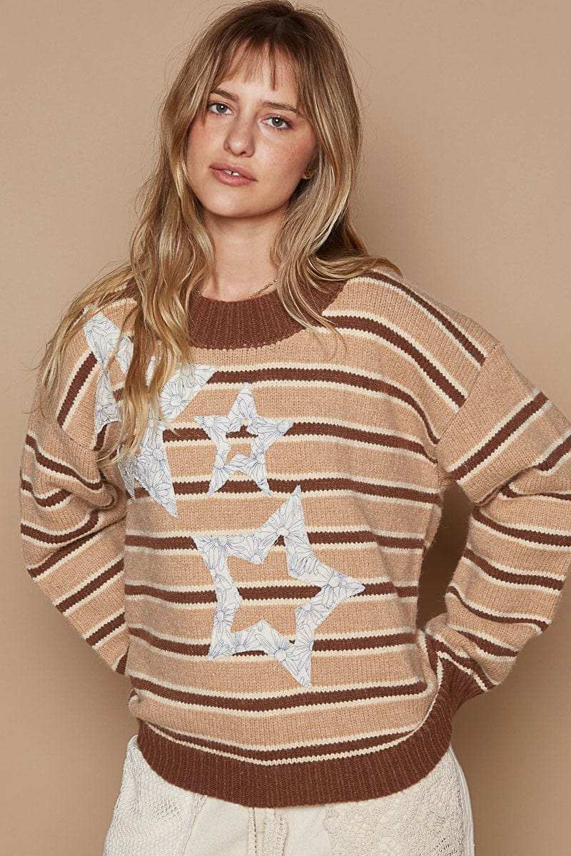 POL Star Patch Stripe Round Neck Sweater - Trendsi - Flyclothing LLC