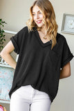 Heimish Full Size Front Pocket Short Sleeve Ribbed Top - Trendsi