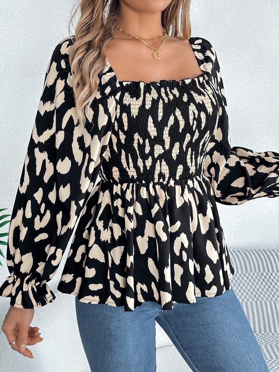 Square Neck Flounce Sleeve Blouse - Trendsi - Flyclothing LLC
