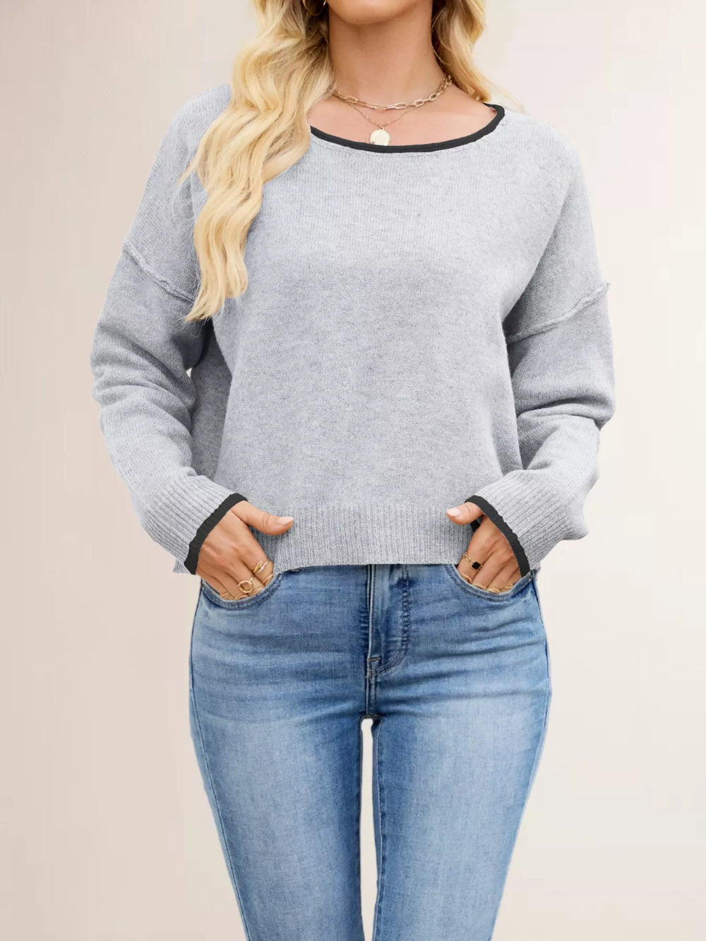 Round Neck Dropped Shoulder Sweater - Trendsi - Flyclothing LLC