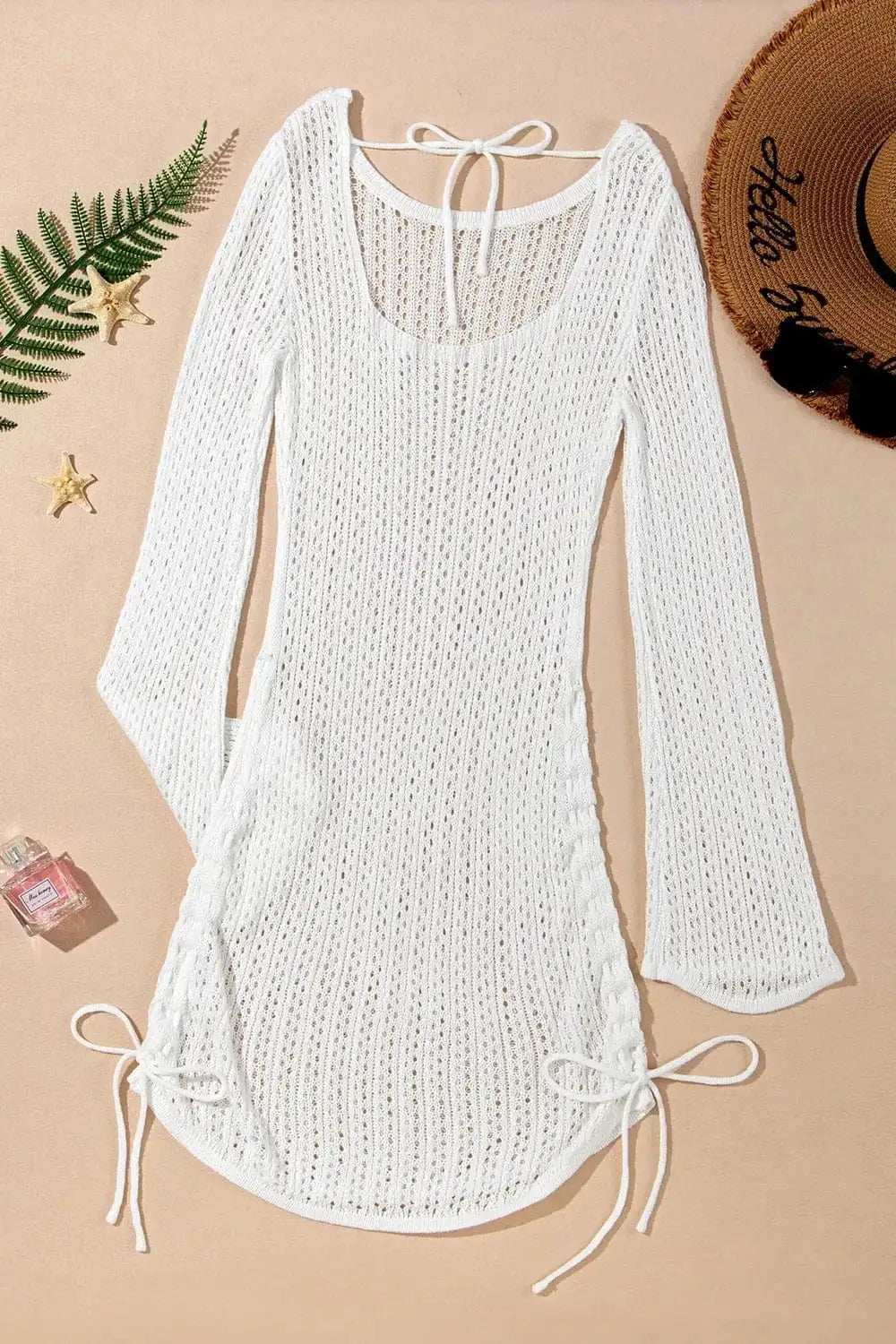 Hollow Out Bell Sleeve Drawstring Knit Cover Up Dress - Trendsi - Flyclothing LLC