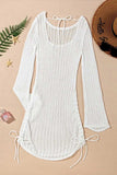 Hollow Out Bell Sleeve Drawstring Knit Cover Up Dress - Trendsi - Flyclothing LLC