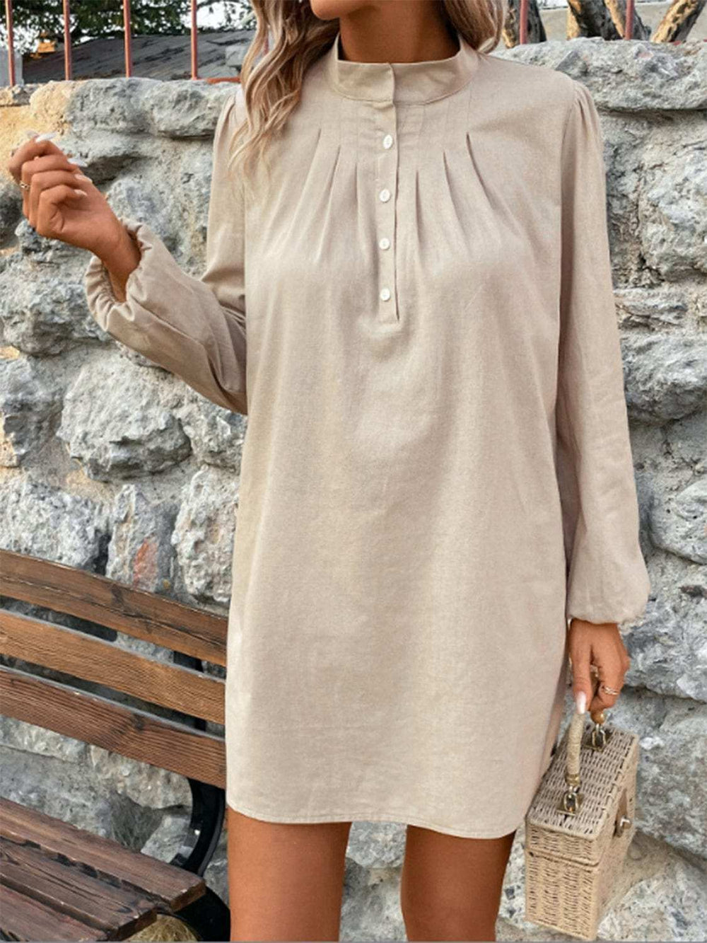 Half Button Mock Neck Long Sleeve Mini Shirt Dress - Trendsi - Flyclothing LLC