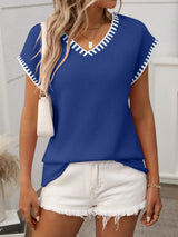 Contrast Trim V-Neck Short Sleeve Knit Top - Trendsi - Flyclothing LLC