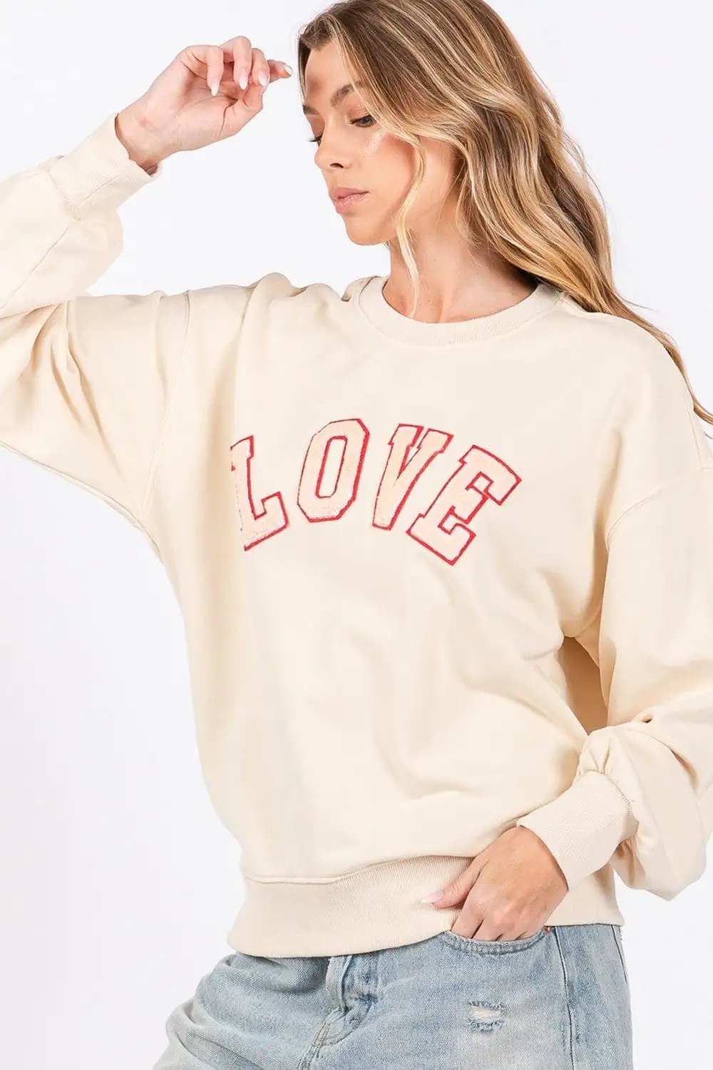 SAGE + FIG LOVE Path Applique Drop Shoulder Sweatshirt - Trendsi - Flyclothing LLC