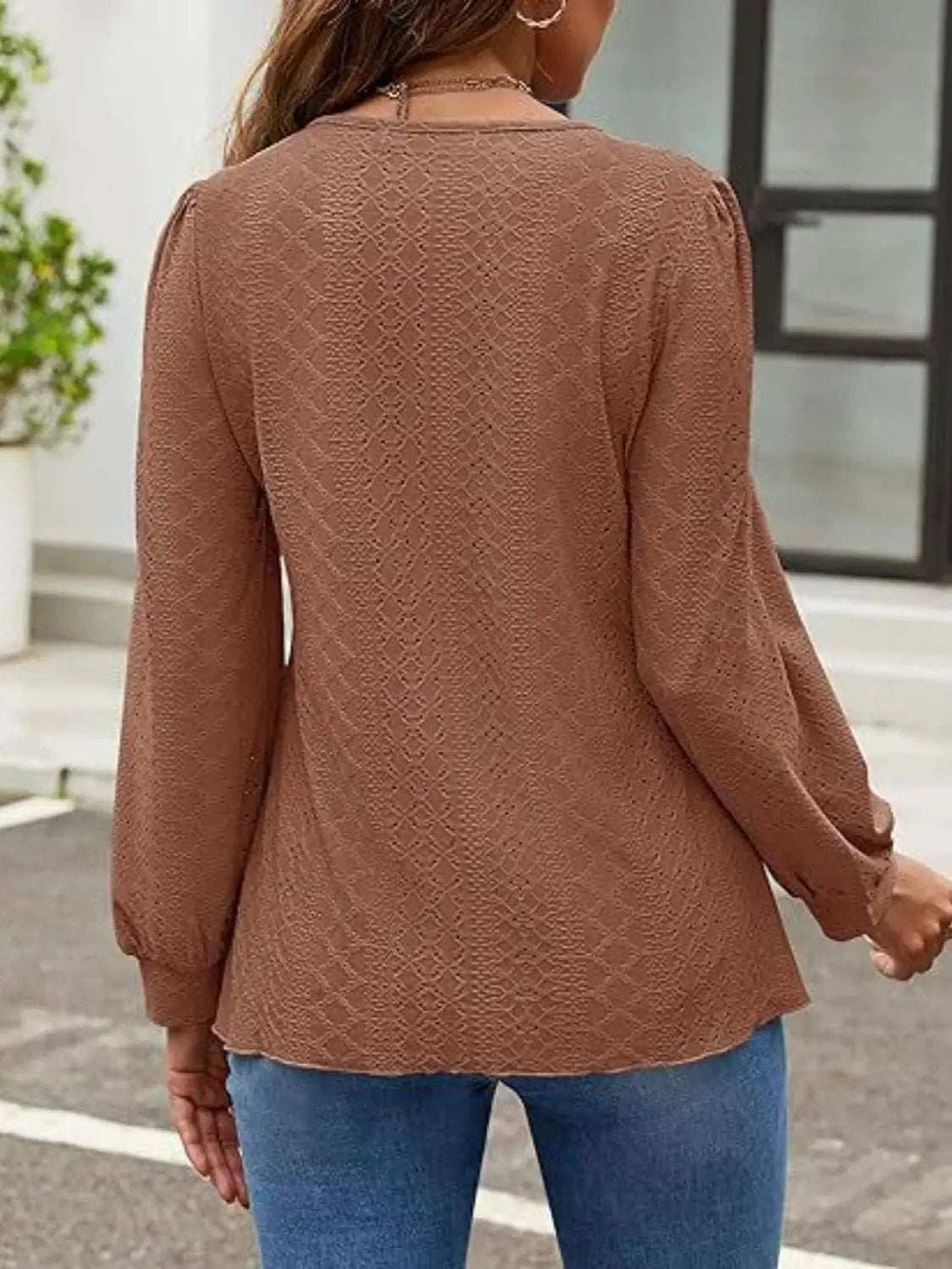 Eyelet Round Neck Long Sleeve Top - Trendsi - Flyclothing LLC
