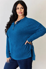 Basic Bae Full Size Ribbed Half Button Long Sleeve High-Low T-Shirt - ShopBasicbae - Flyclothing LLC
