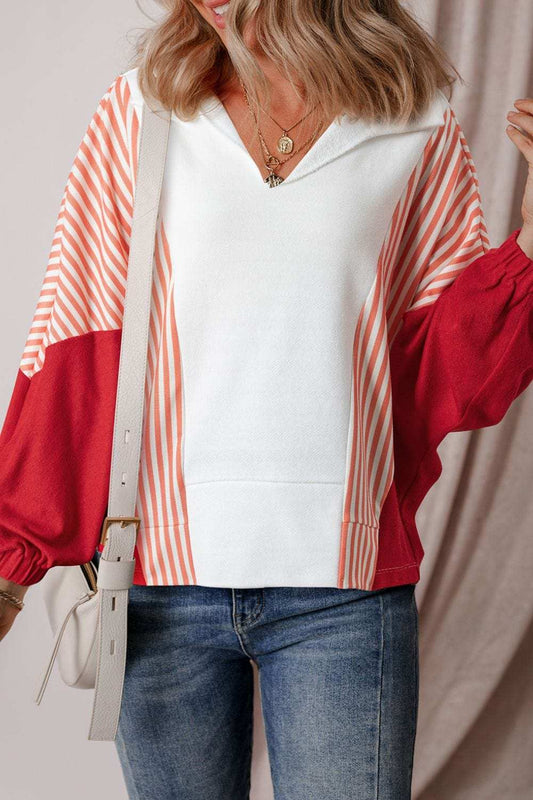 Striped Johnny Collar Long Sleeve Sweatshirt - Trendsi - Flyclothing LLC