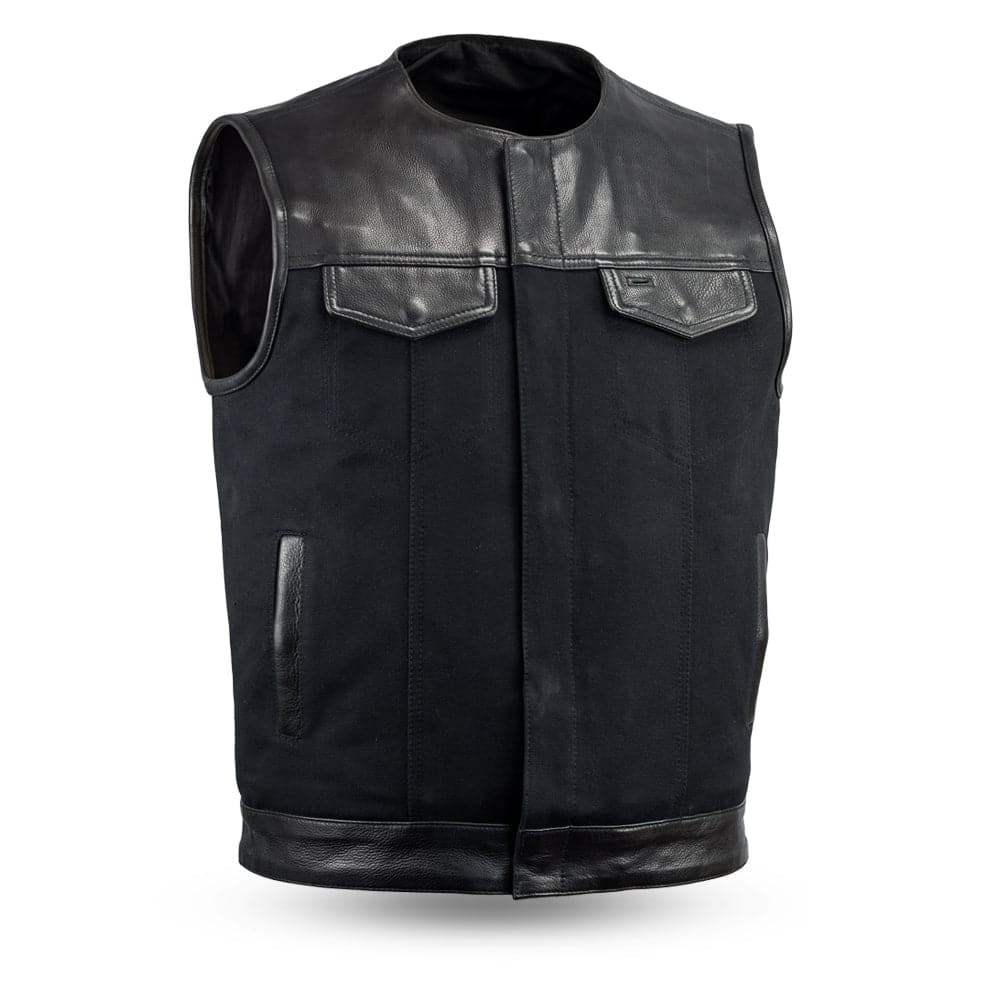 49/51 - No Collar Men's Leather/Canvas Motorcycle Vest - First Manufacturing Company - Flyclothing LLC